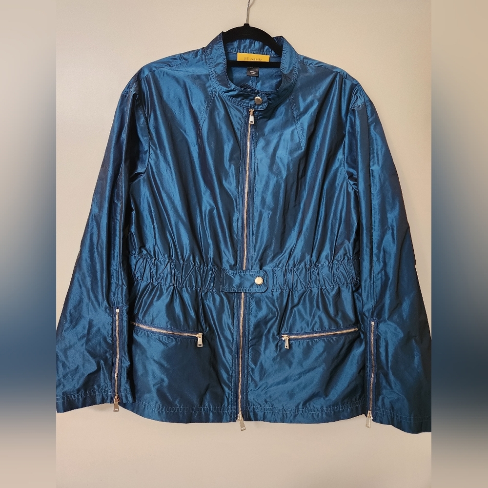 St. John Yellow Label Metallic Teal Blue Utility Anorak Jacket Size Large